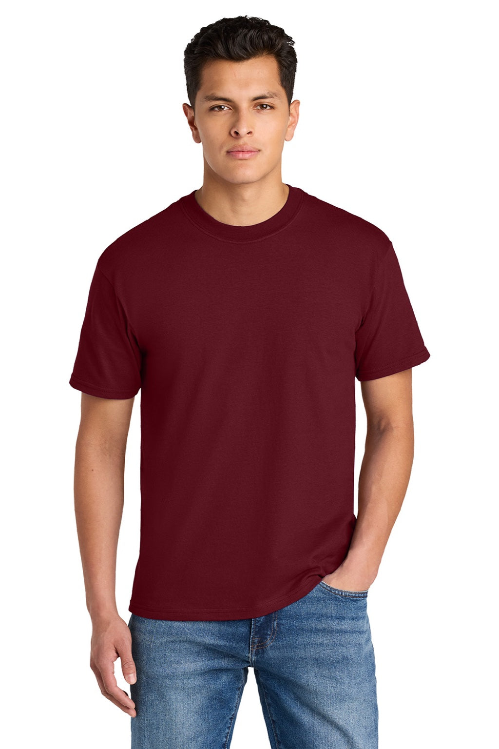 Gildan 75000 Mens Hammer Maxweight Short Sleeve Crewneck T-Shirt Garnet Red Model Front