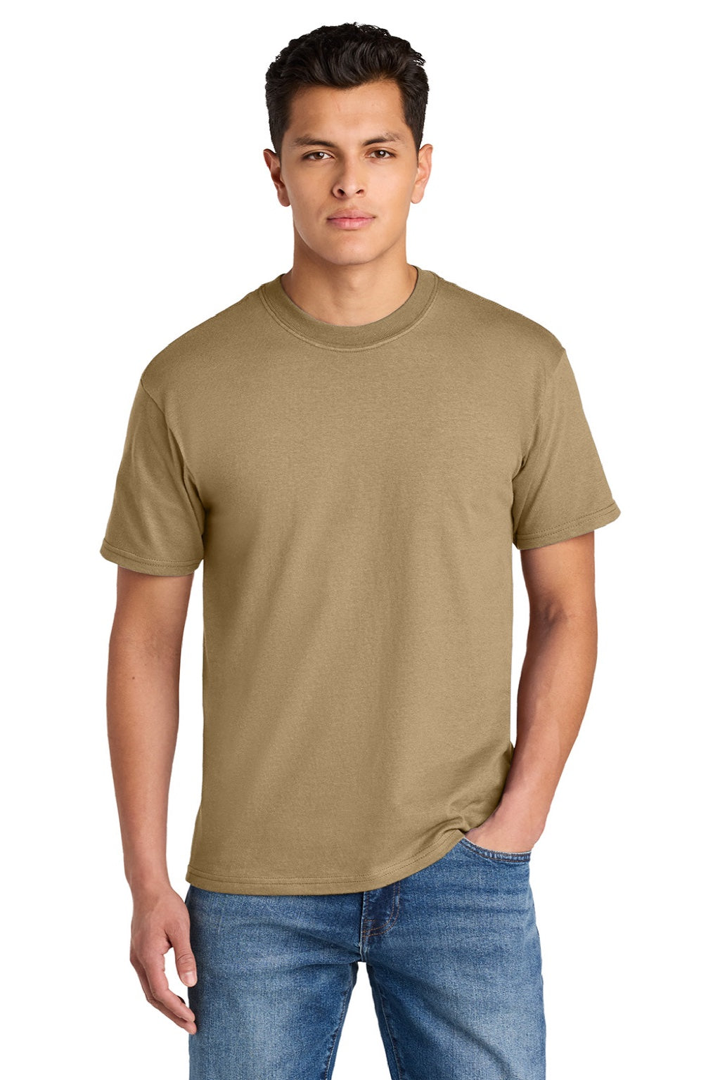 Gildan 75000 Mens Hammer Maxweight Short Sleeve Crewneck T-Shirt Tan Model Front