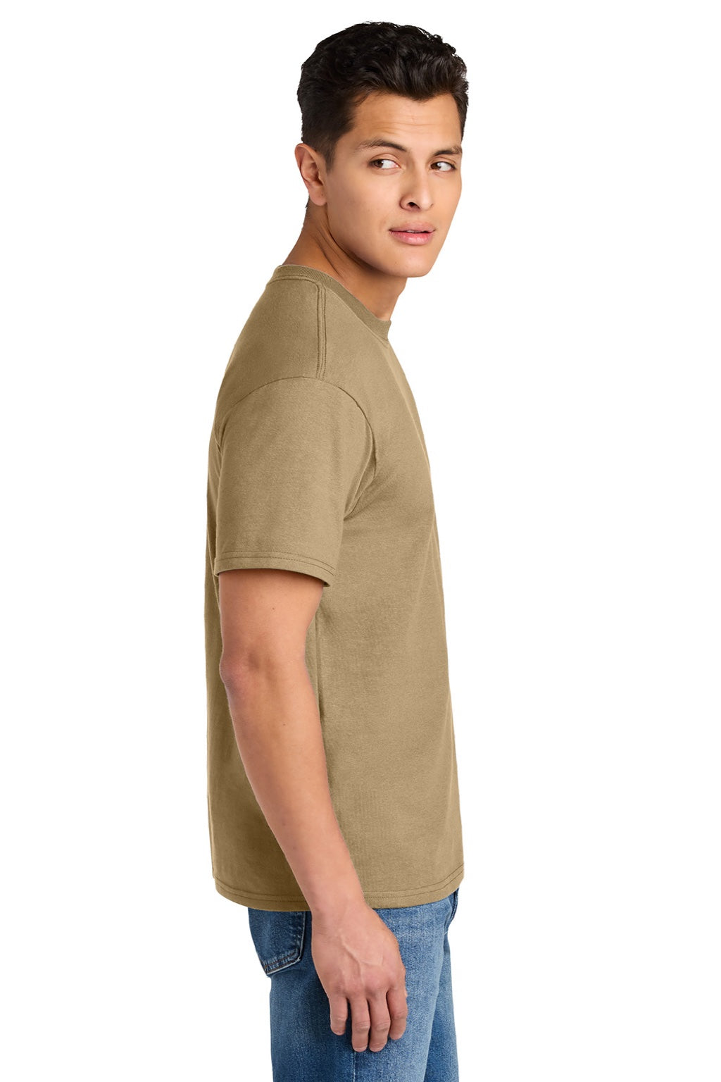 Gildan 75000 Mens Hammer Maxweight Short Sleeve Crewneck T-Shirt Tan Model Side