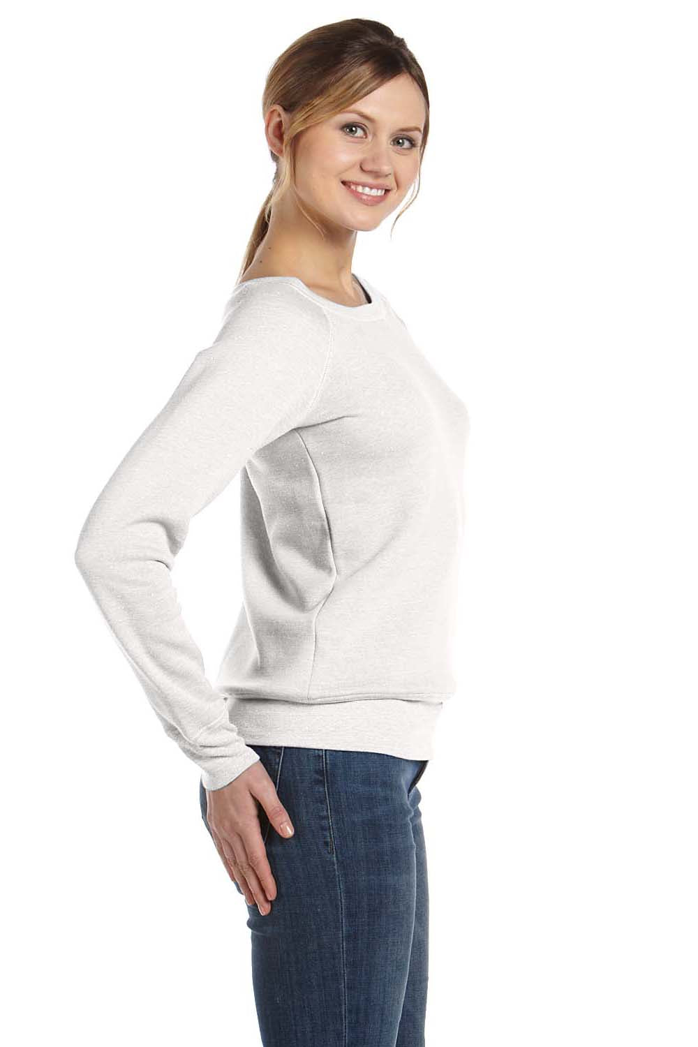 Bella + Canvas 7501 Womens Sponge Fleece Wide Neck Sweatshirt Solid White Model Side