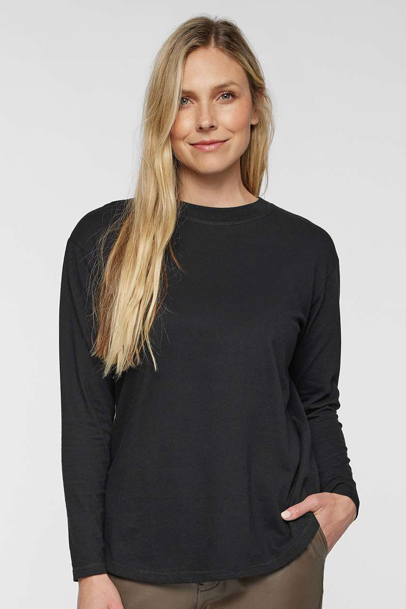 LAT 3508 Womens Fine Jersey Long Sleeve Crewneck T-Shirt Black Model Front