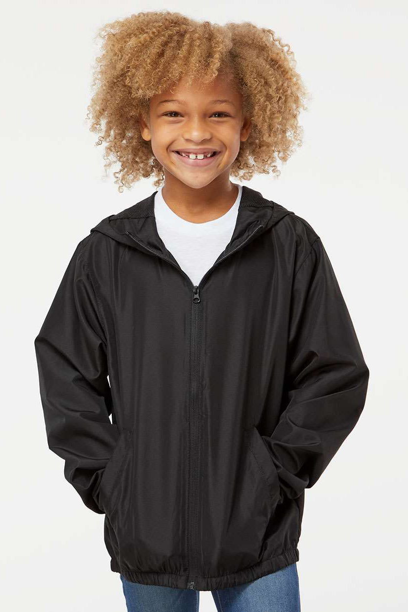 Independent Trading Company EXP24YWZ Youth Wind & Water Resistant Full Zip Windbreaker Hooded Jacket Black Model Front