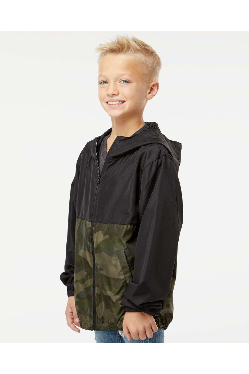 Independent Trading Co. EXP24YWZ Youth Full Zip Windbreaker Hooded Jacket Black/Forest Green Camo Model Side