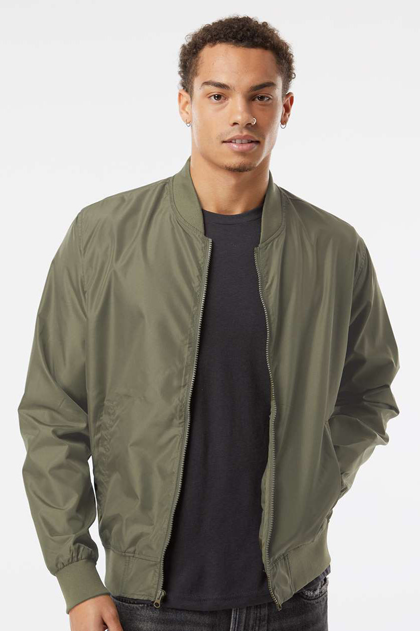 Independent Trading Company EXP52BMR Mens Water Resistant Full Zip Bomber Jacket Army Green Model Front