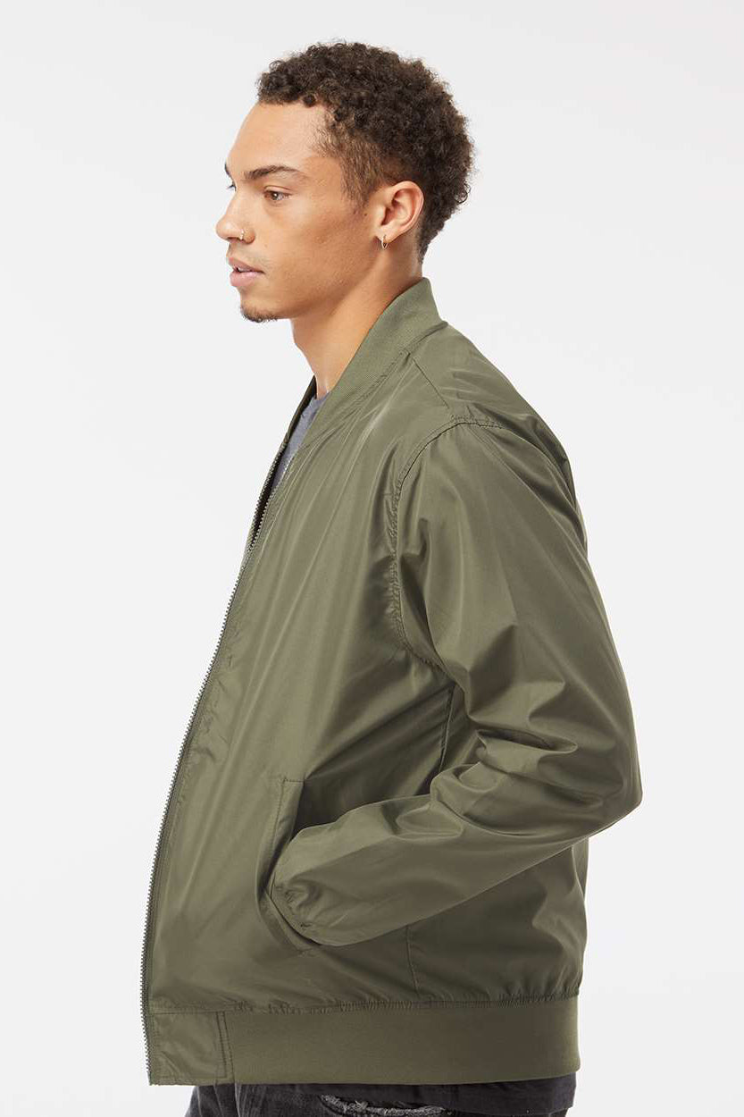 Independent Trading Company EXP52BMR Mens Water Resistant Full Zip Bomber Jacket Army Green Model Side