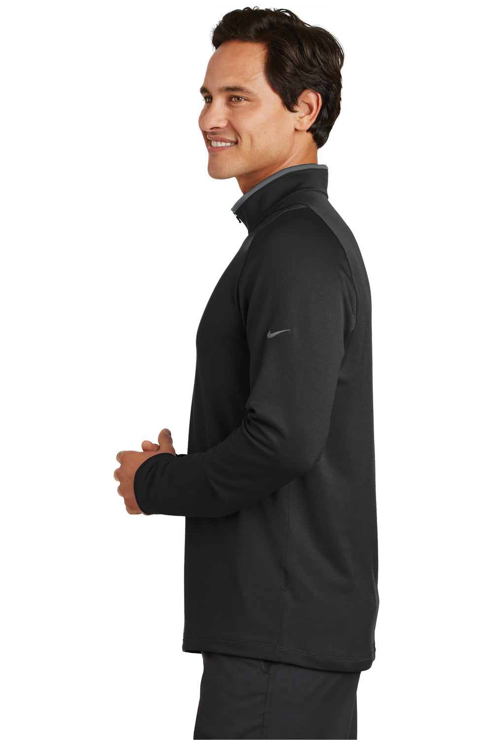 Nike 779795 Mens Dri-Fit Moisture Wicking 1/4 Zip Sweatshirt Black/Dark Grey/Red Model Side