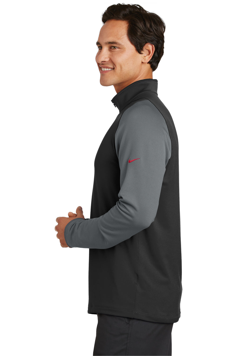 Nike 779795 Mens Dri-Fit Moisture Wicking 1/4 Zip Sweatshirt Black/Dark Grey Model Side