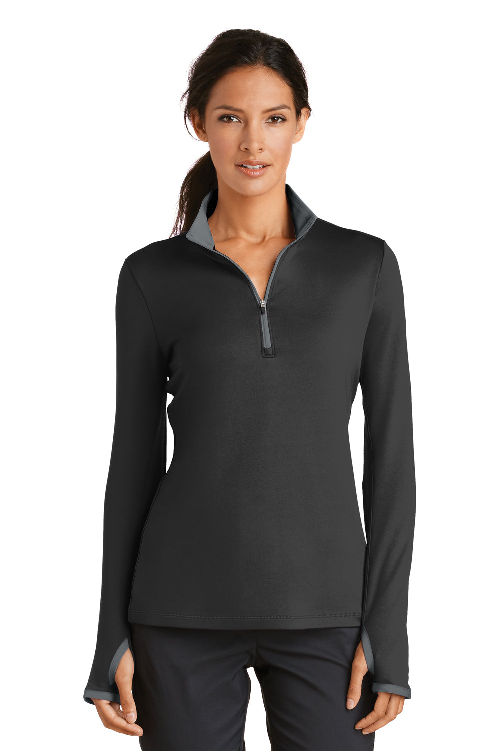 Nike 779796 Womens Dri-Fit Moisture Wicking 1/4 Zip Sweatshirt Black/Dark Grey Model Front