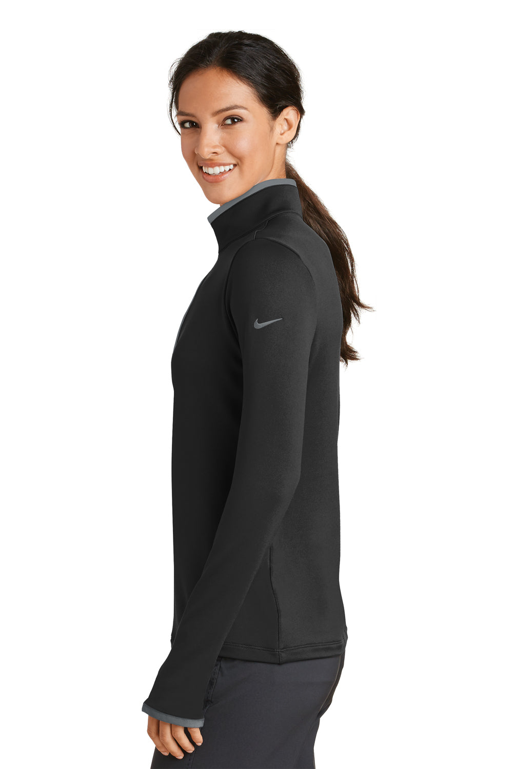 Nike 779796 Womens Dri-Fit Moisture Wicking 1/4 Zip Sweatshirt Black/Dark Grey Model Side