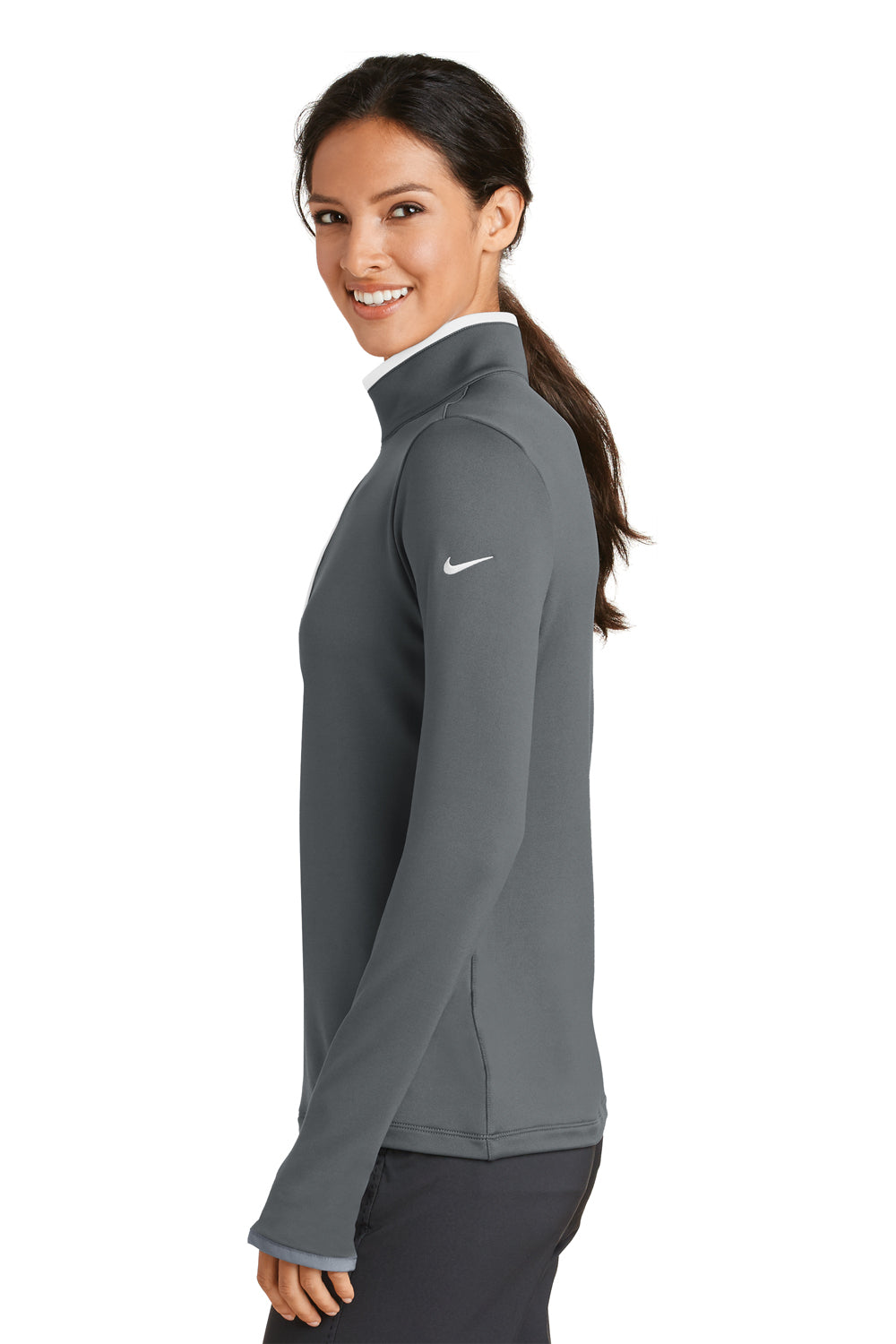 Nike 779796 Womens Dri-Fit Moisture Wicking 1/4 Zip Sweatshirt Dark Grey/White Model Side