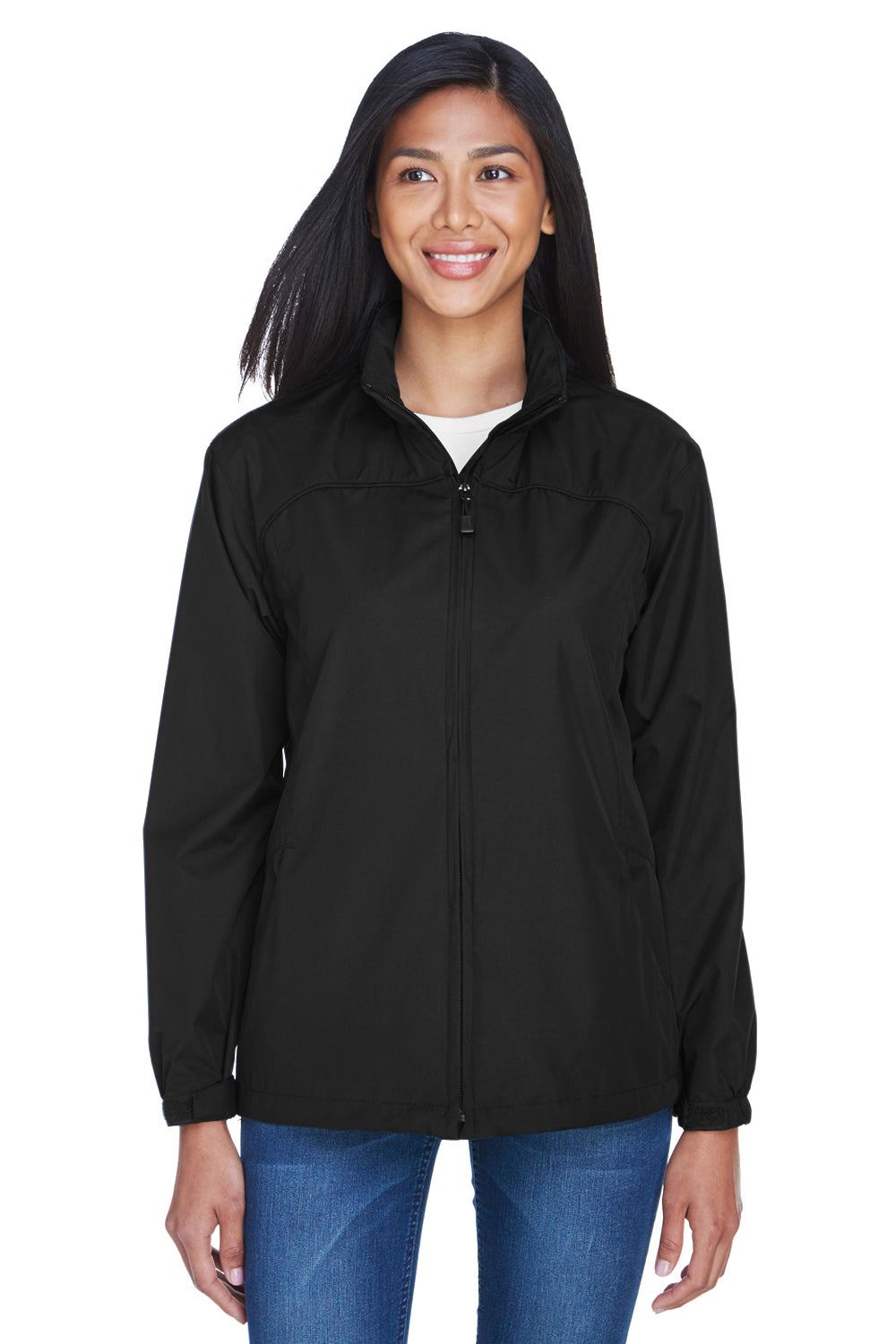 North End 78032 Womens Techno Lite Water Resistant Full Zip Hooded Jacket Black Model Front