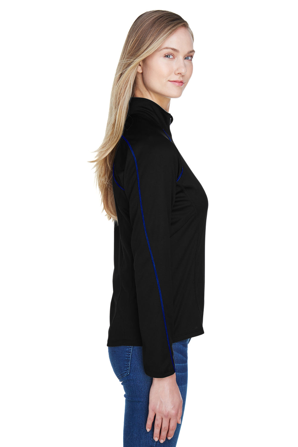 North End 78187 Womens Radar Performance Moisture Wicking 1/4 Zip Sweatshirt Black/True Royal Blue Model Side
