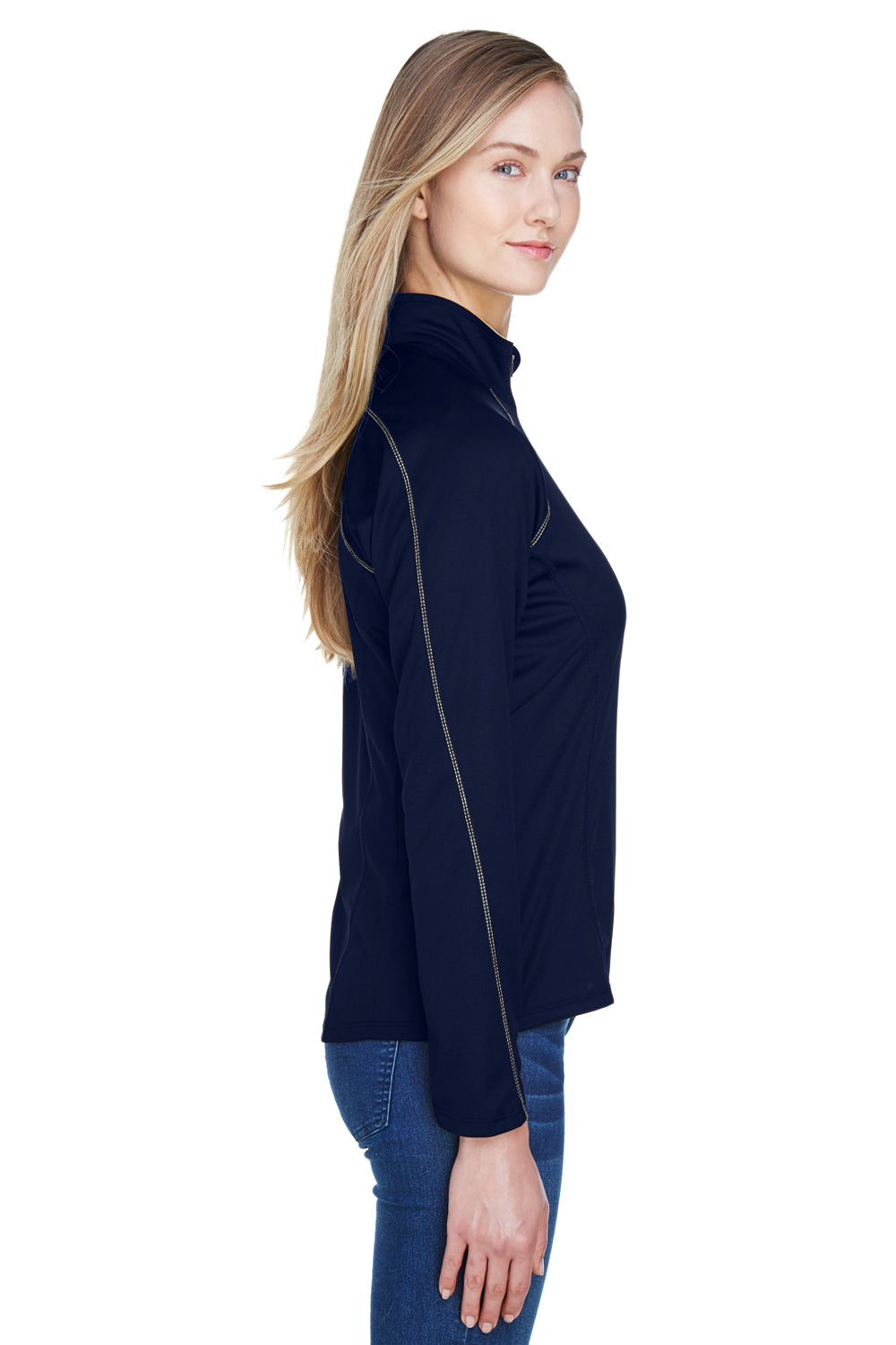 North End 78187 Womens Radar Performance Moisture Wicking 1/4 Zip Sweatshirt Classic Navy Blue/Grey Model Side