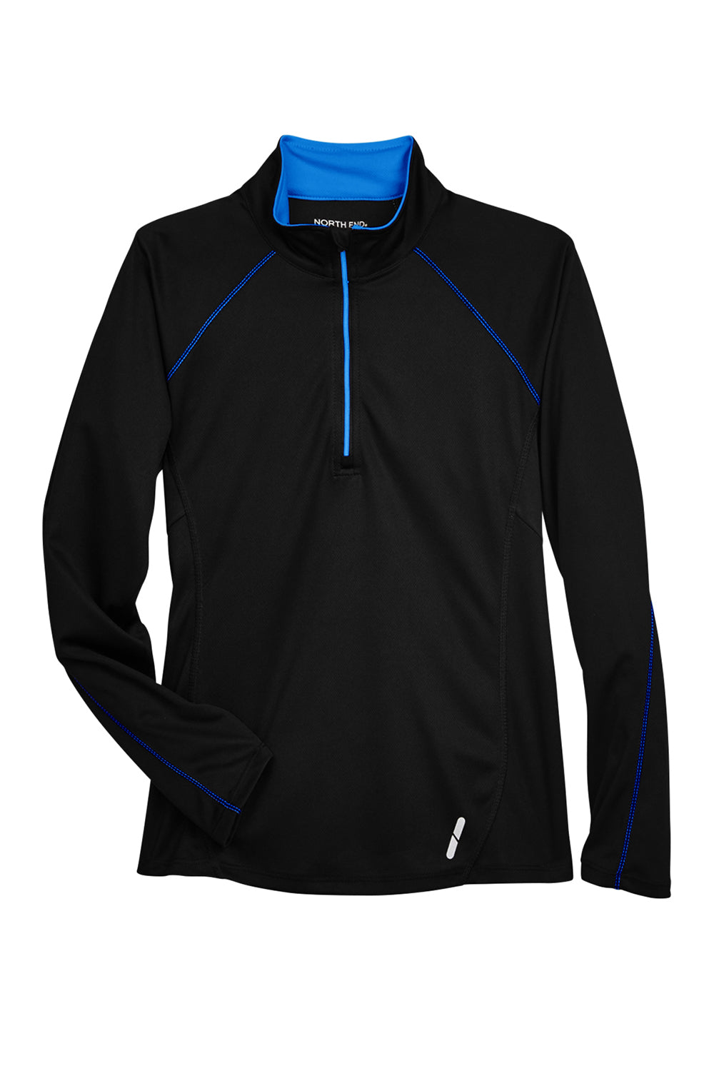 North End 78187 Womens Radar Performance Moisture Wicking 1/4 Zip Sweatshirt Black/True Royal Blue Flat Front