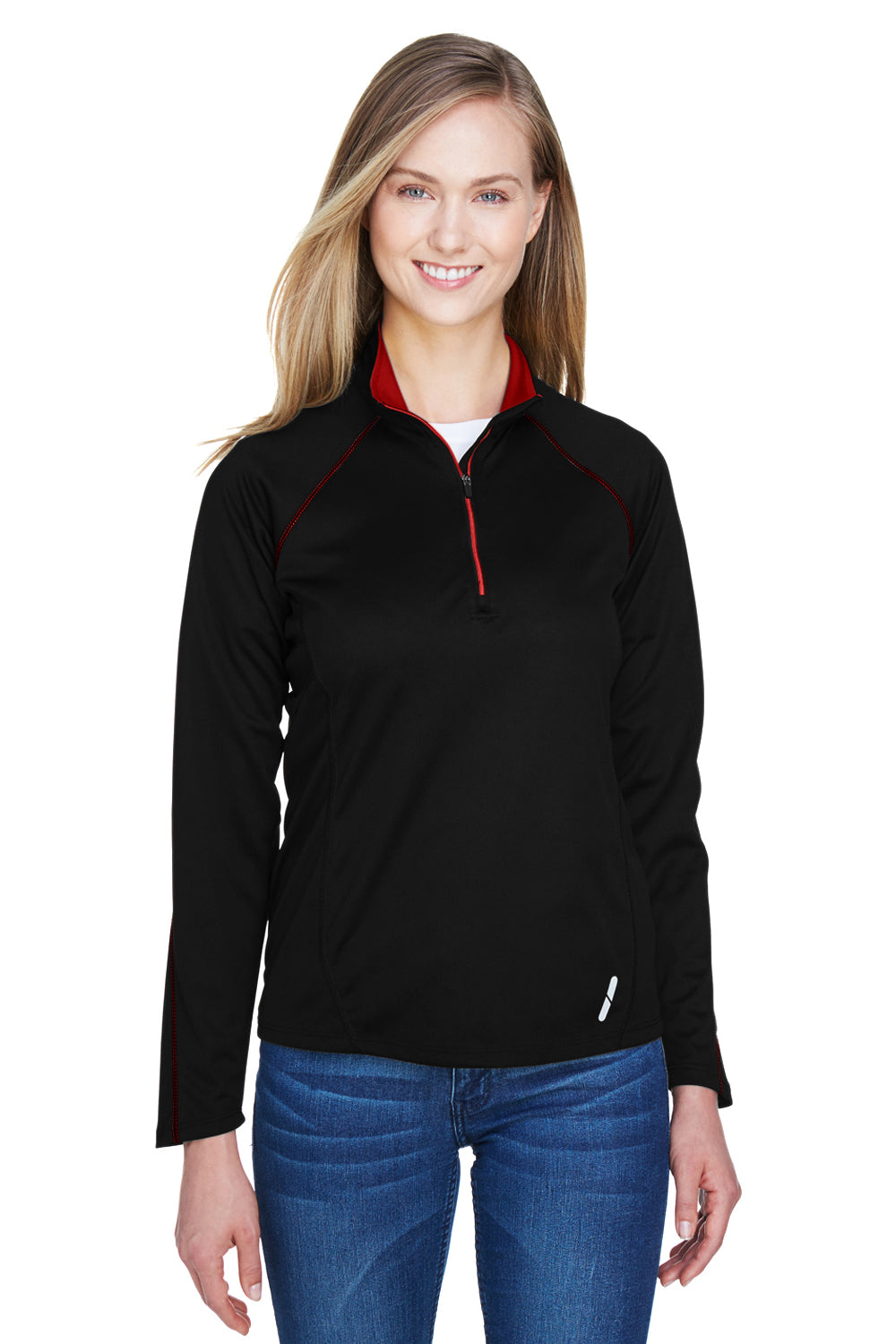 North End 78187 Womens Radar Performance Moisture Wicking 1/4 Zip Sweatshirt Black/Classic Red Model Front