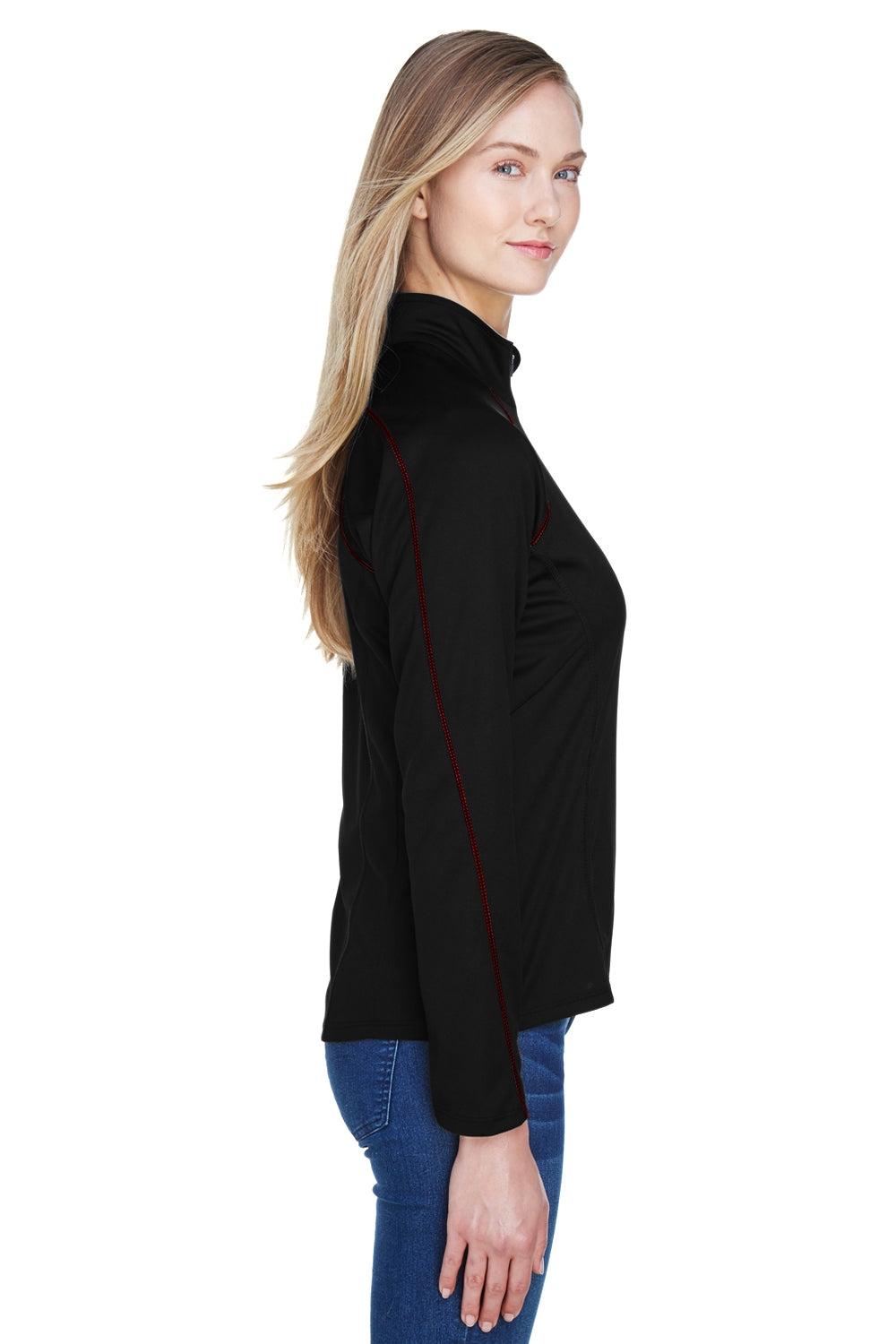 North End 78187 Womens Radar Performance Moisture Wicking 1/4 Zip Sweatshirt Black/Classic Red Model Side