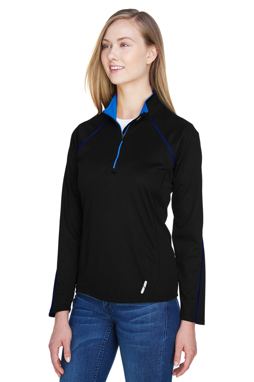 North End 78187 Womens Radar Performance Moisture Wicking 1/4 Zip Sweatshirt Black/True Royal Blue Model 3q