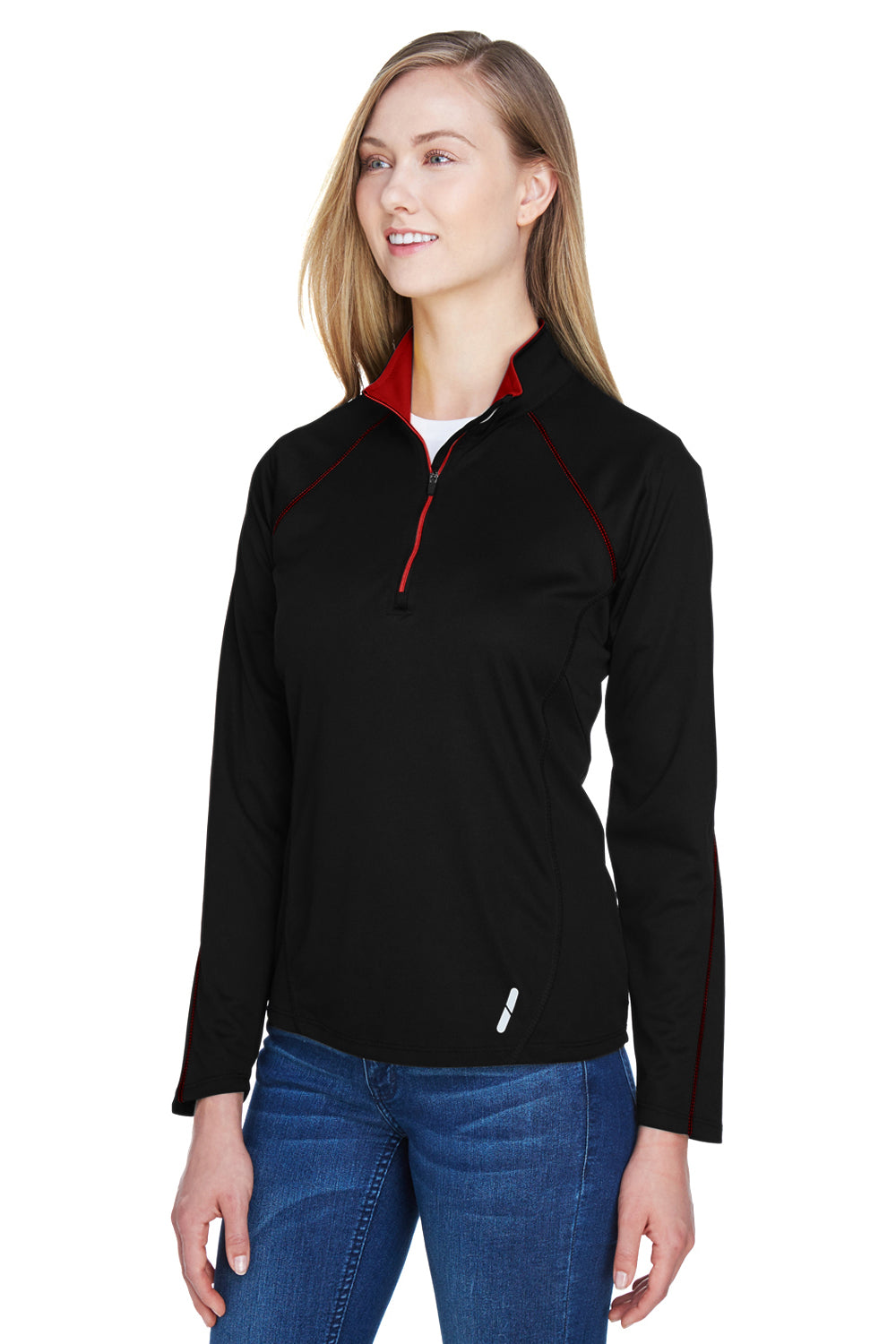 North End 78187 Womens Radar Performance Moisture Wicking 1/4 Zip Sweatshirt Black/Classic Red Model 3q