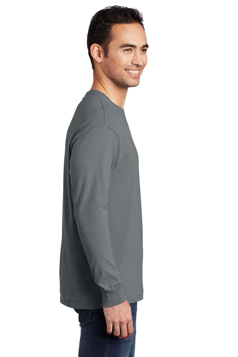 Port & Company PC099LS Mens Beach Wash Long Sleeve Crewneck T-Shirt Pewter Grey Model Side