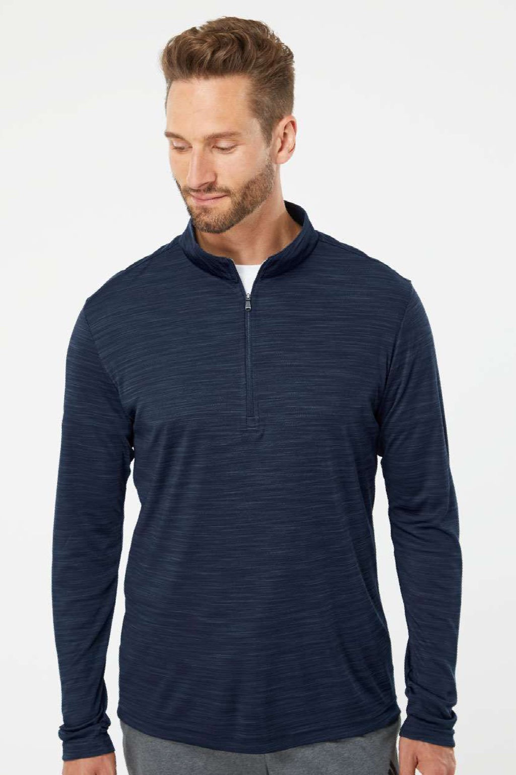 Adidas A475 Mens Moisture Wicking 1/4 Zip Sweatshirt Collegiate Navy Blue Model Front