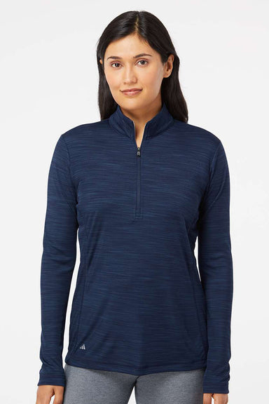 Adidas A476 Womens Moisture Wicking 1/4 Zip Sweatshirt Collegiate Navy Blue Melange Model Front