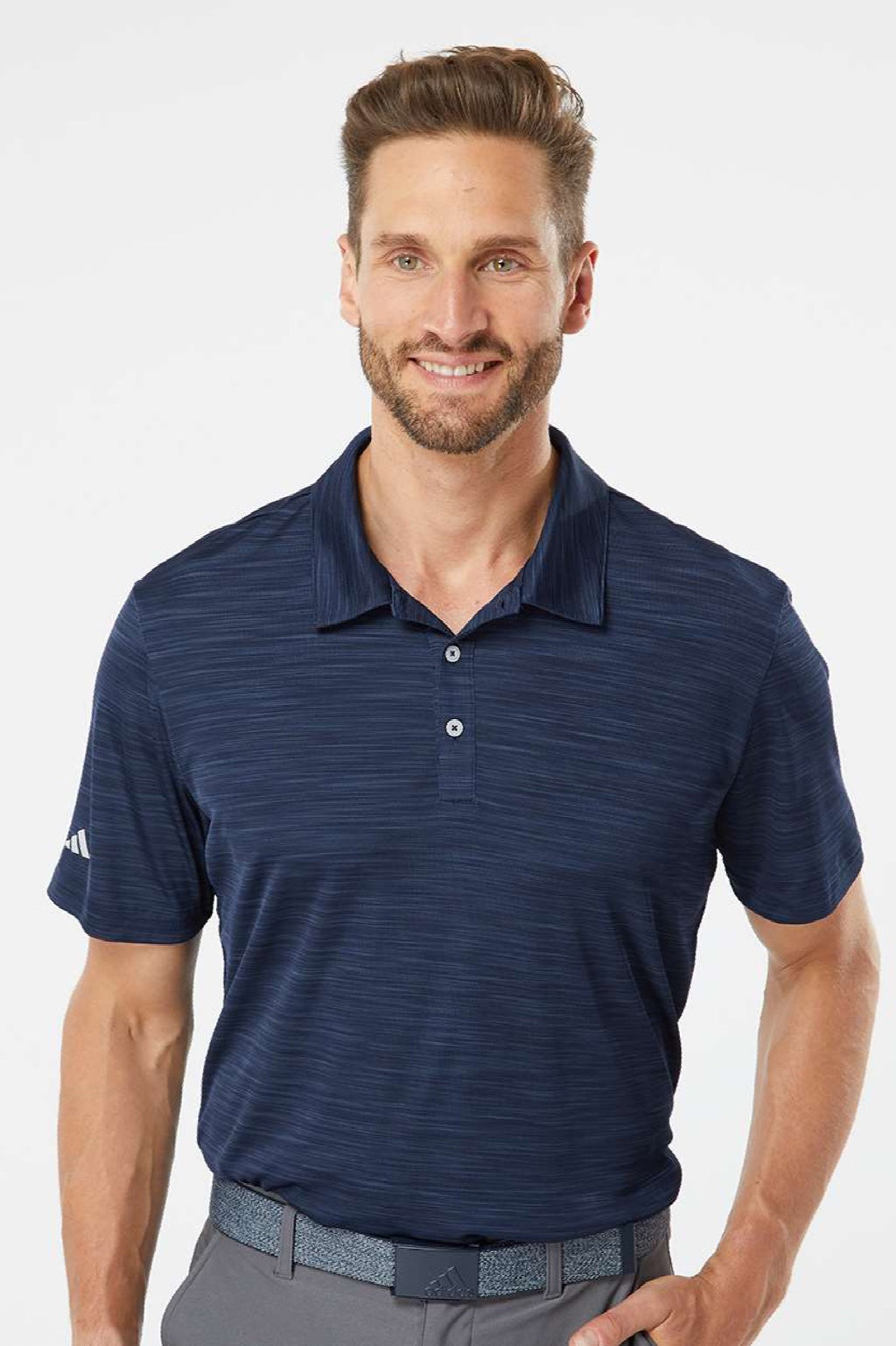 Adidas A402 Mens UPF 50+ Short Sleeve Polo Shirt Collegiate Navy Blue Model Front