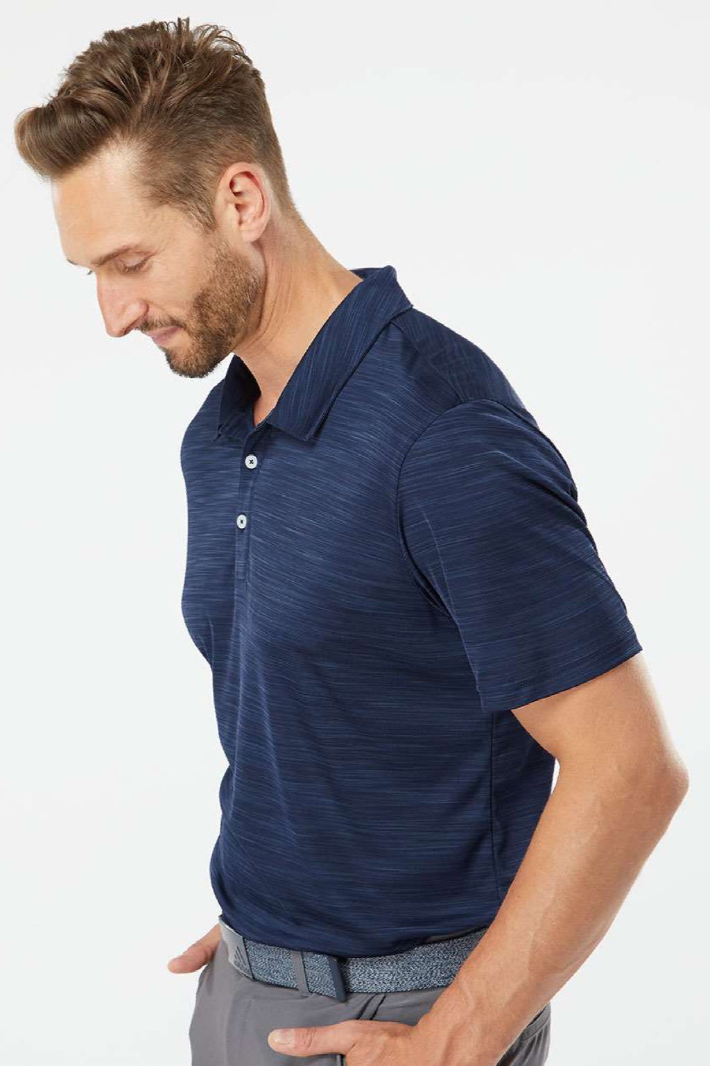 Adidas A402 Mens UPF 50+ Short Sleeve Polo Shirt Collegiate Navy Blue Model Side