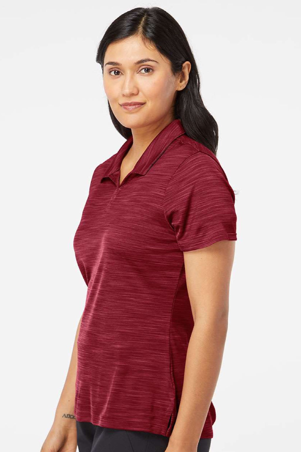 Adidas A403 Womens UPF 50+ Short Sleeve Polo Shirt Collegiate Burgundy Model Side