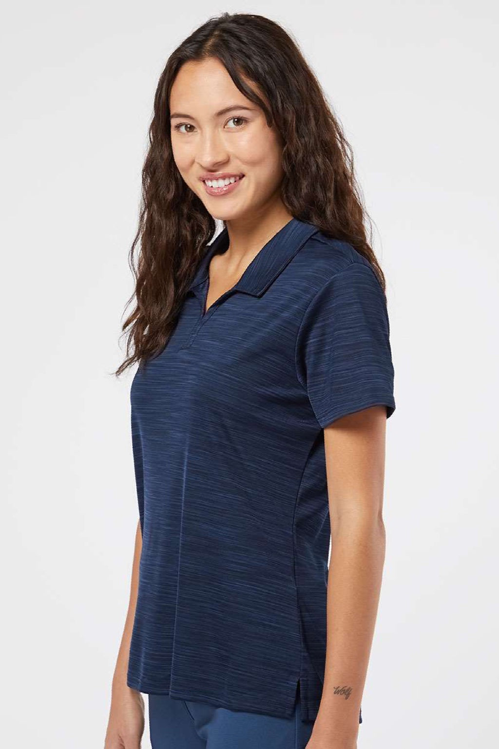Adidas A403 Womens UPF 50+ Short Sleeve Polo Shirt Collegiate Navy Blue Model Side