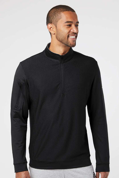 Adidas A295 Mens Performance UPF 50+ 1/4 Zip Sweatshirt w/ Pocket Black Model Front