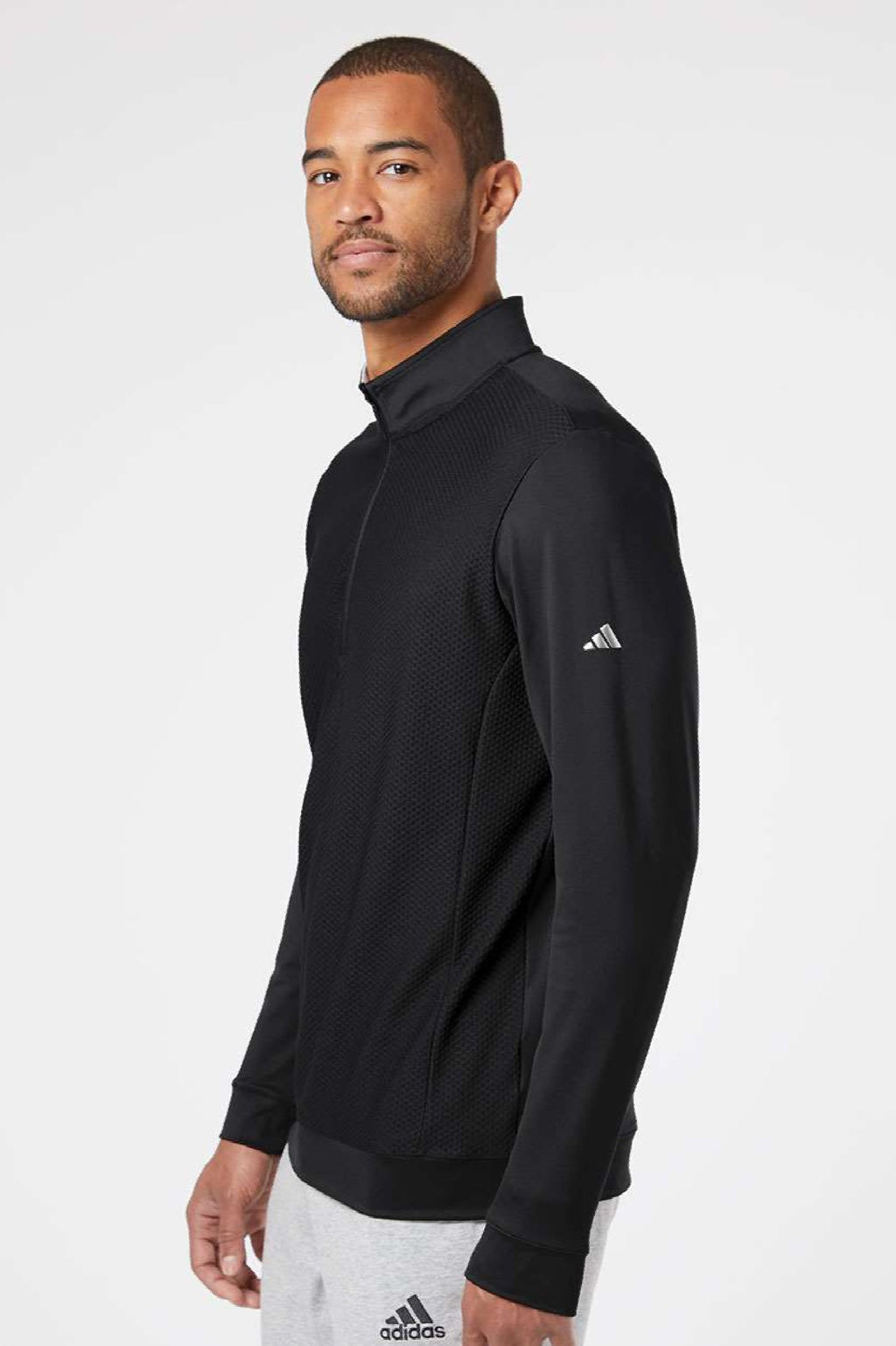 Adidas A295 Mens Performance UPF 50+ 1/4 Zip Sweatshirt w/ Pocket Black Model Side