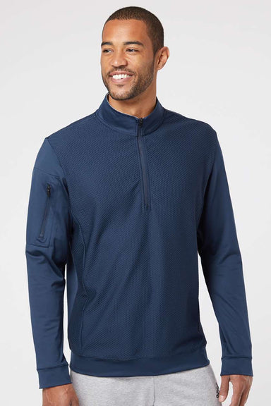 Adidas A295 Mens Performance UPF 50+ 1/4 Zip Sweatshirt w/ Pocket Collegiate Navy Blue Model Front