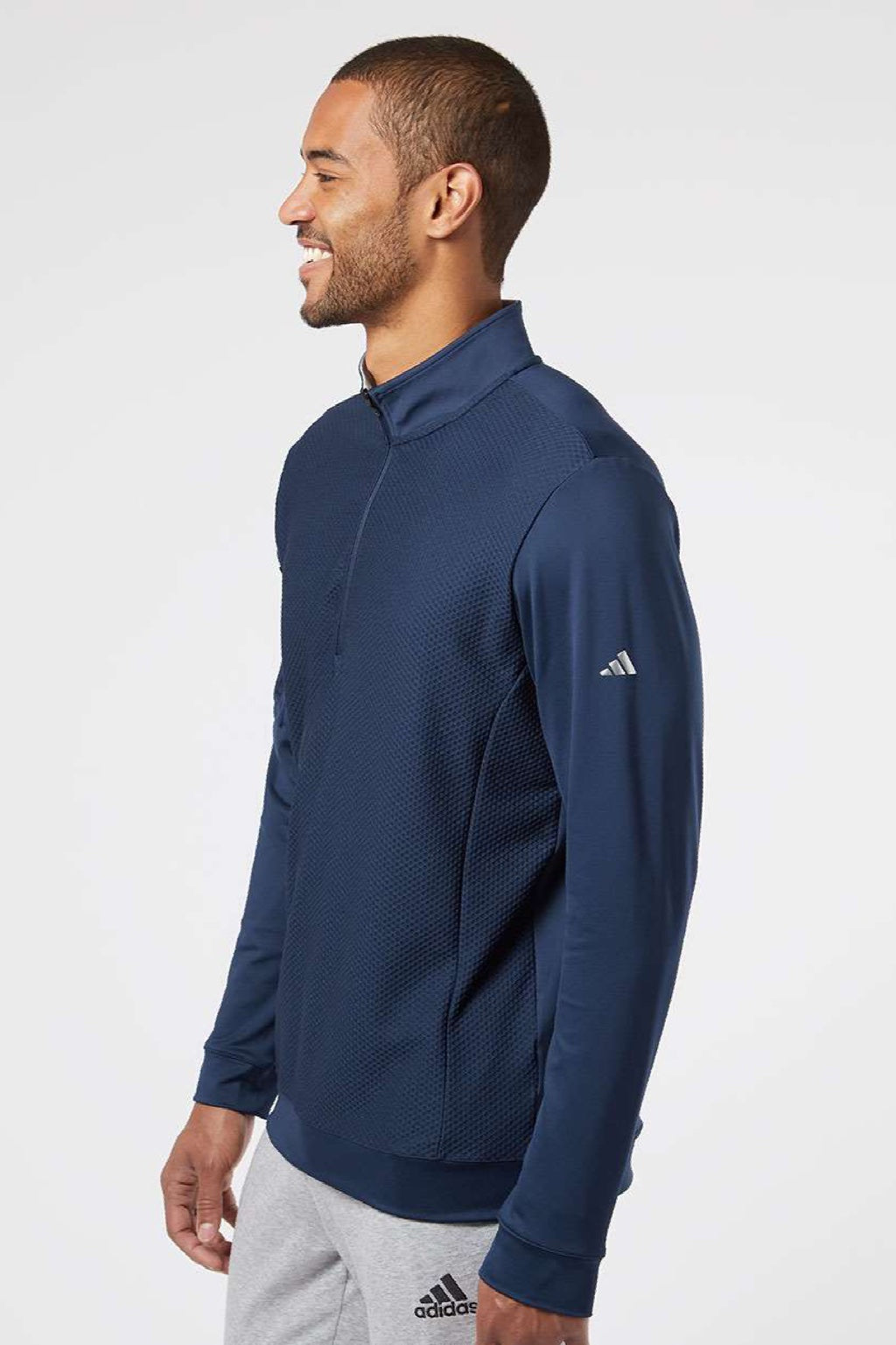 Adidas A295 Mens Performance UPF 50+ 1/4 Zip Sweatshirt w/ Pocket Collegiate Navy Blue Model Side