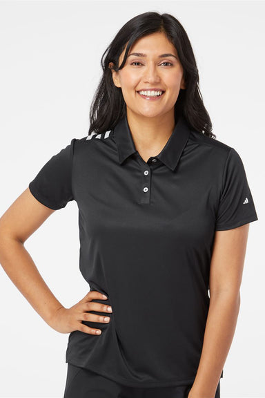 Adidas A325 Womens 3 Stripes UPF 50+ Short Sleeve Polo Shirt Black Model Front