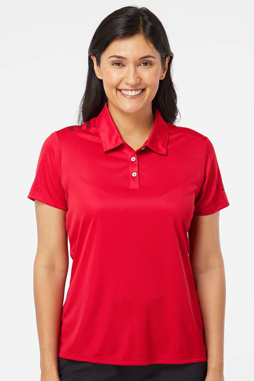 Adidas A325 Womens 3 Stripes UPF 50+ Short Sleeve Polo Shirt Collegiate Red/Black Model Front