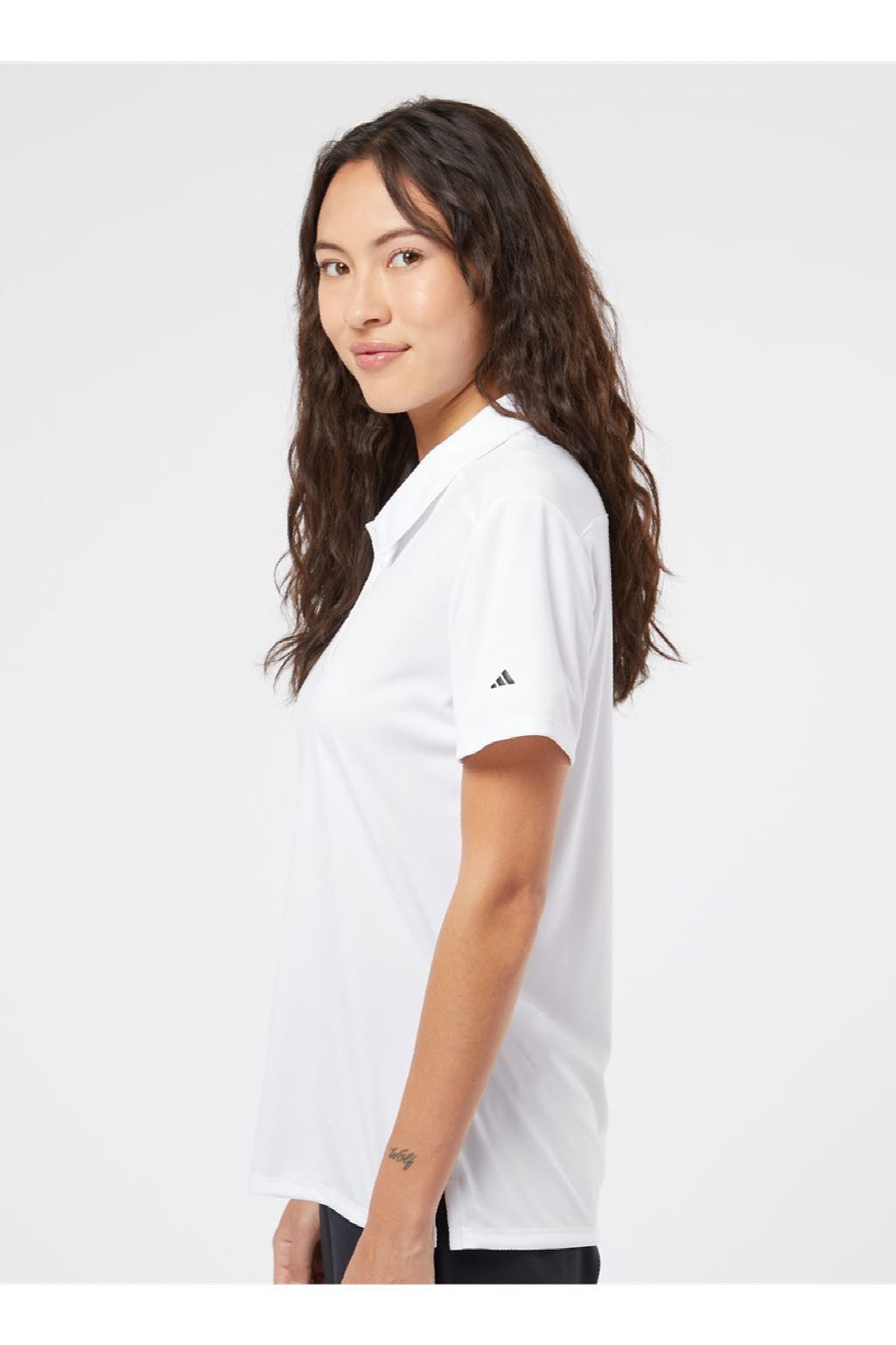 Adidas A325 Womens 3 Stripes UPF 50+ Short Sleeve Polo Shirt White Model Side