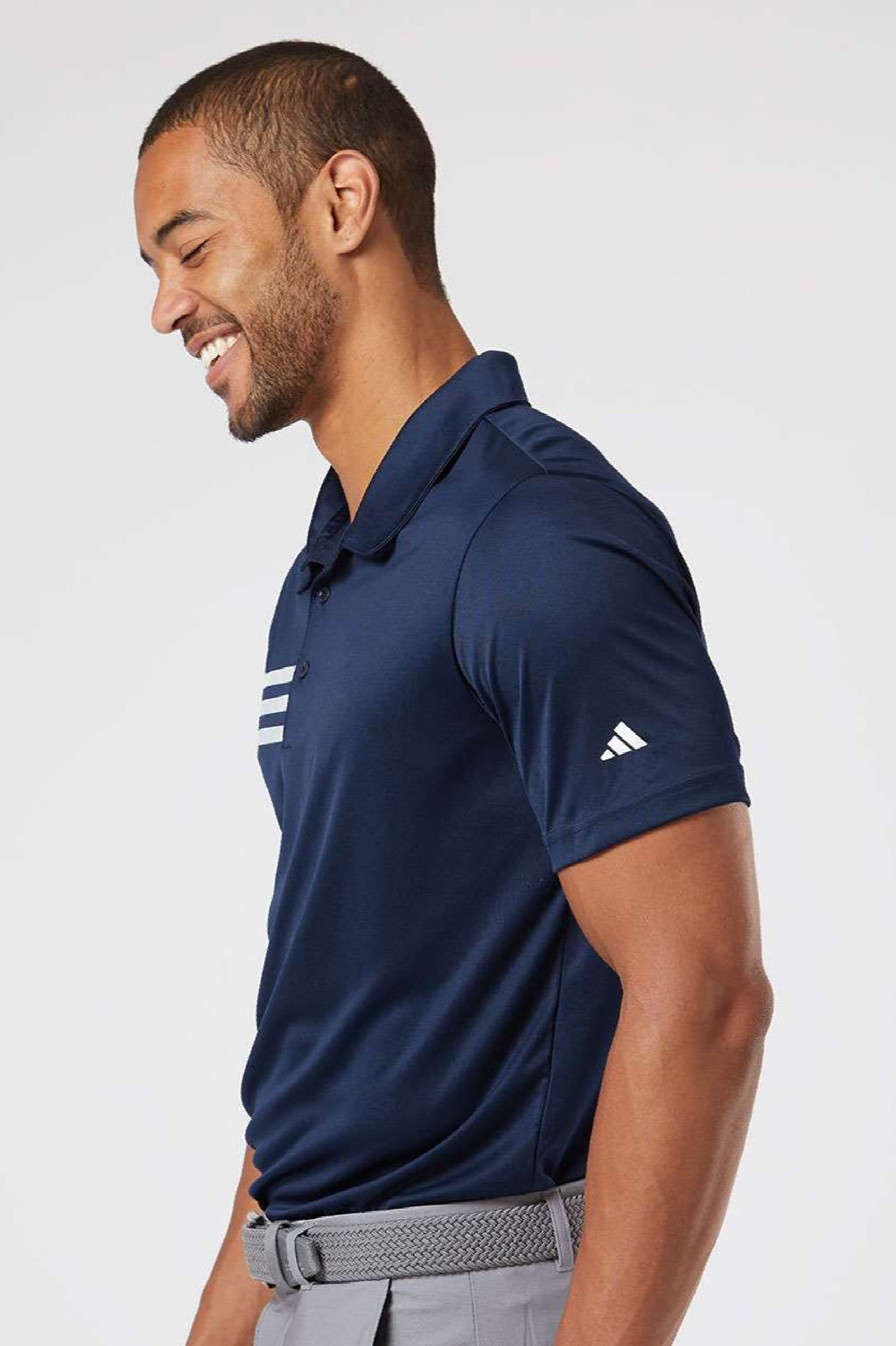 Adidas A324 Mens 3 Stripes UPF 50+ Short Sleeve Polo Shirt Collegiate Navy Blue Model Side