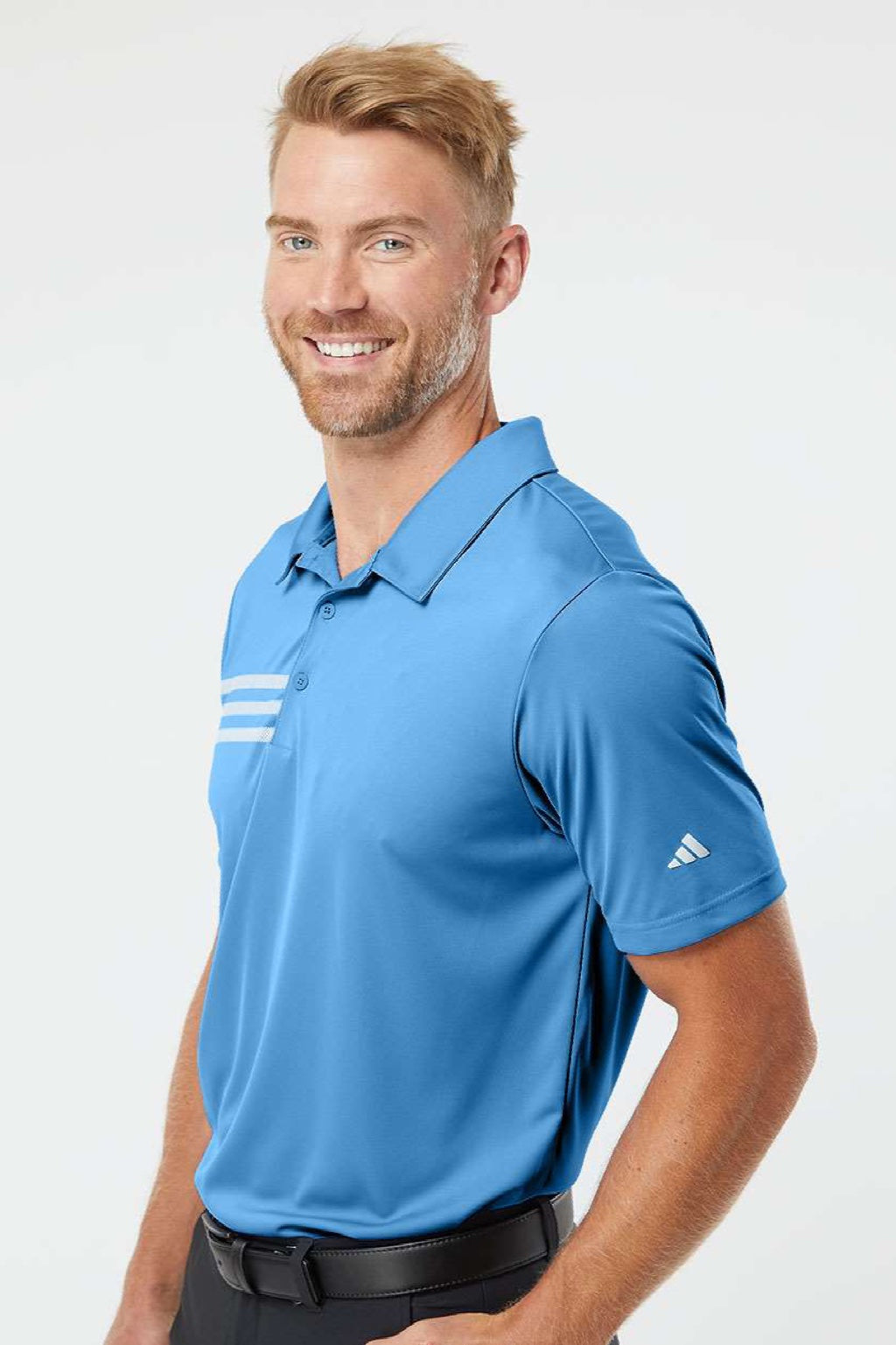 Adidas A324 Mens 3 Stripes UPF 50+ Short Sleeve Polo Shirt Lucky Blue Model Side