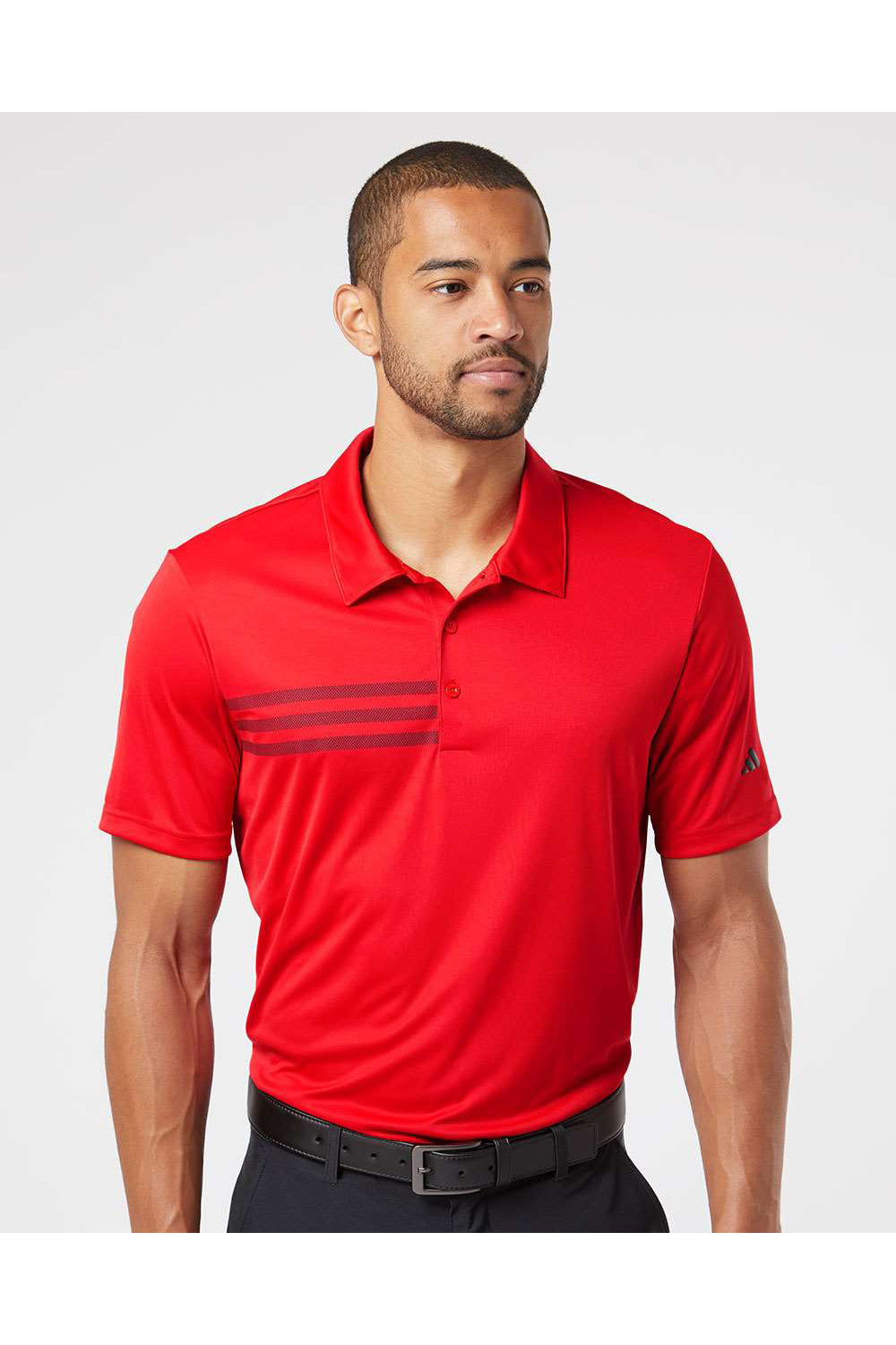 Adidas A324 Mens 3 Stripes Short Sleeve Polo Shirt Collegiate Red/Black Model Front