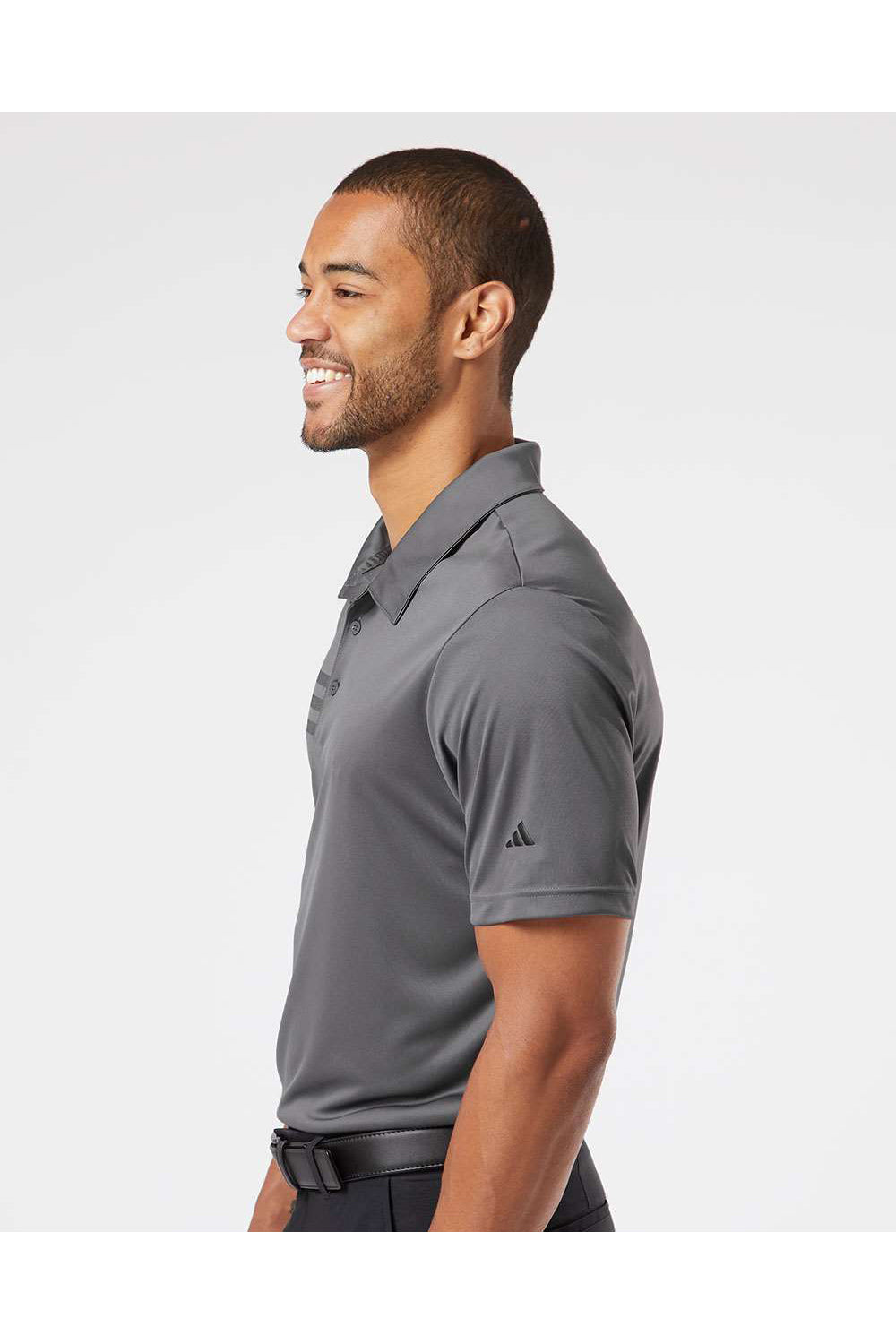 Adidas A324 Mens 3 Stripes Short Sleeve Polo Shirt Grey/Black Model Side