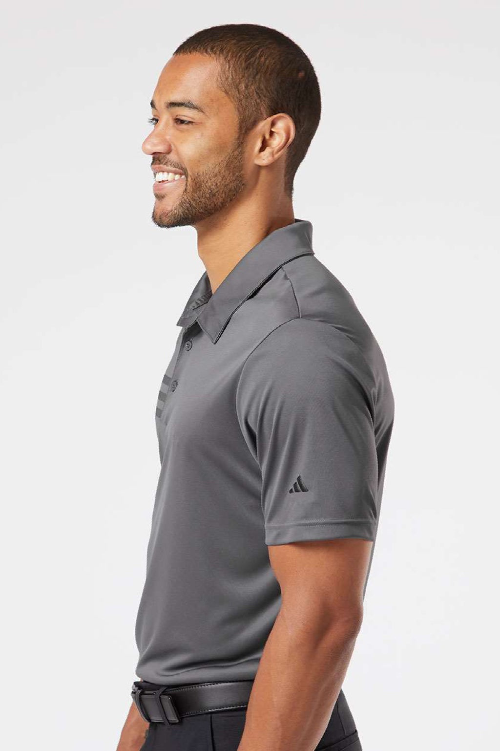 Adidas A324 Mens 3 Stripes UPF 50+ Short Sleeve Polo Shirt Grey Model Side