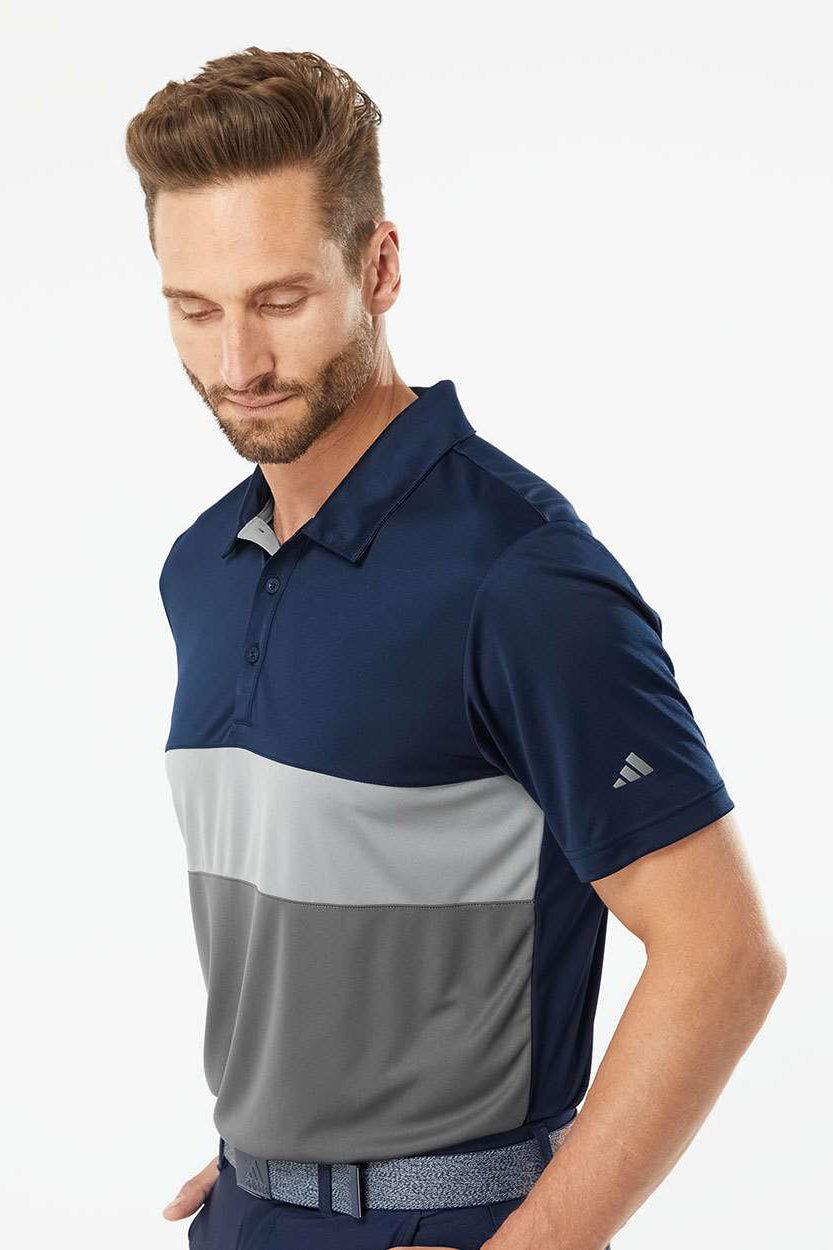Adidas A236 Mens Merch Block Short Sleeve Polo Shirt Collegiate Navy Blue/Grey Model Side