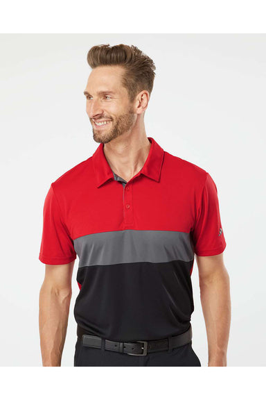 Adidas A236 Mens Merch Block Short Sleeve Polo Shirt Collegiate Red/Grey/Black Model Front
