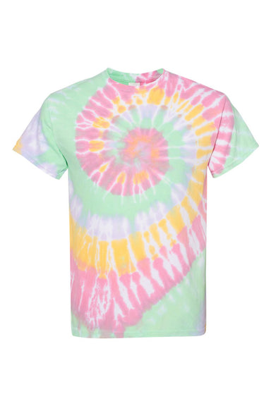 Dyenomite 200MS Mens Spiral Tie Dyed Short Sleeve Crewneck T-Shirt Ribbon Candy Flat Front