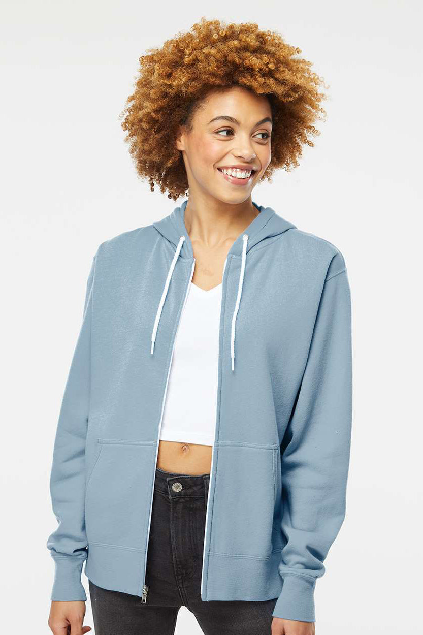 Independent Trading Company AFX90UNZ Mens Full Zip Hooded Sweatshirt Hoodie w/ Pockets Misty Blue Model Front