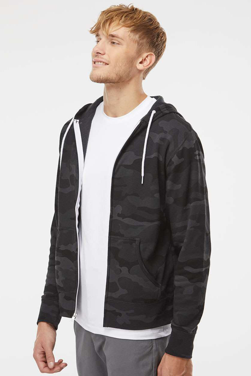 Independent Trading Company AFX90UNZ Mens Full Zip Hooded Sweatshirt Hoodie w/ Pockets Black Camo Model Side