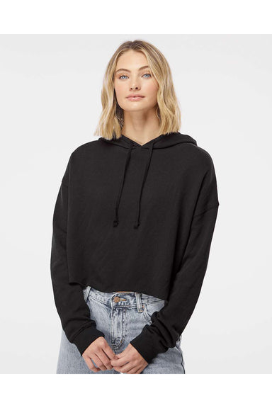 Independent Trading Co. AFX64CRP Womens Crop Hooded Sweatshirt Hoodie Black Model Front
