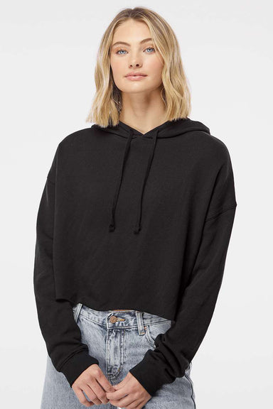 Independent Trading Company AFX64CRP Womens Crop Hooded Sweatshirt Hoodie Black Model Front
