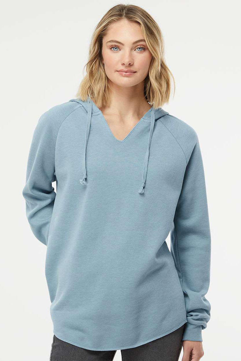 Independent Trading Company PRM2500 Womens California Wave Wash Hooded Sweatshirt Hoodie Misty Blue Model Front