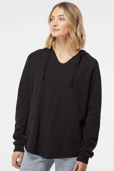 Independent Trading Company PRM2500 Womens California Wave Wash Hooded Sweatshirt Hoodie Black Model Front